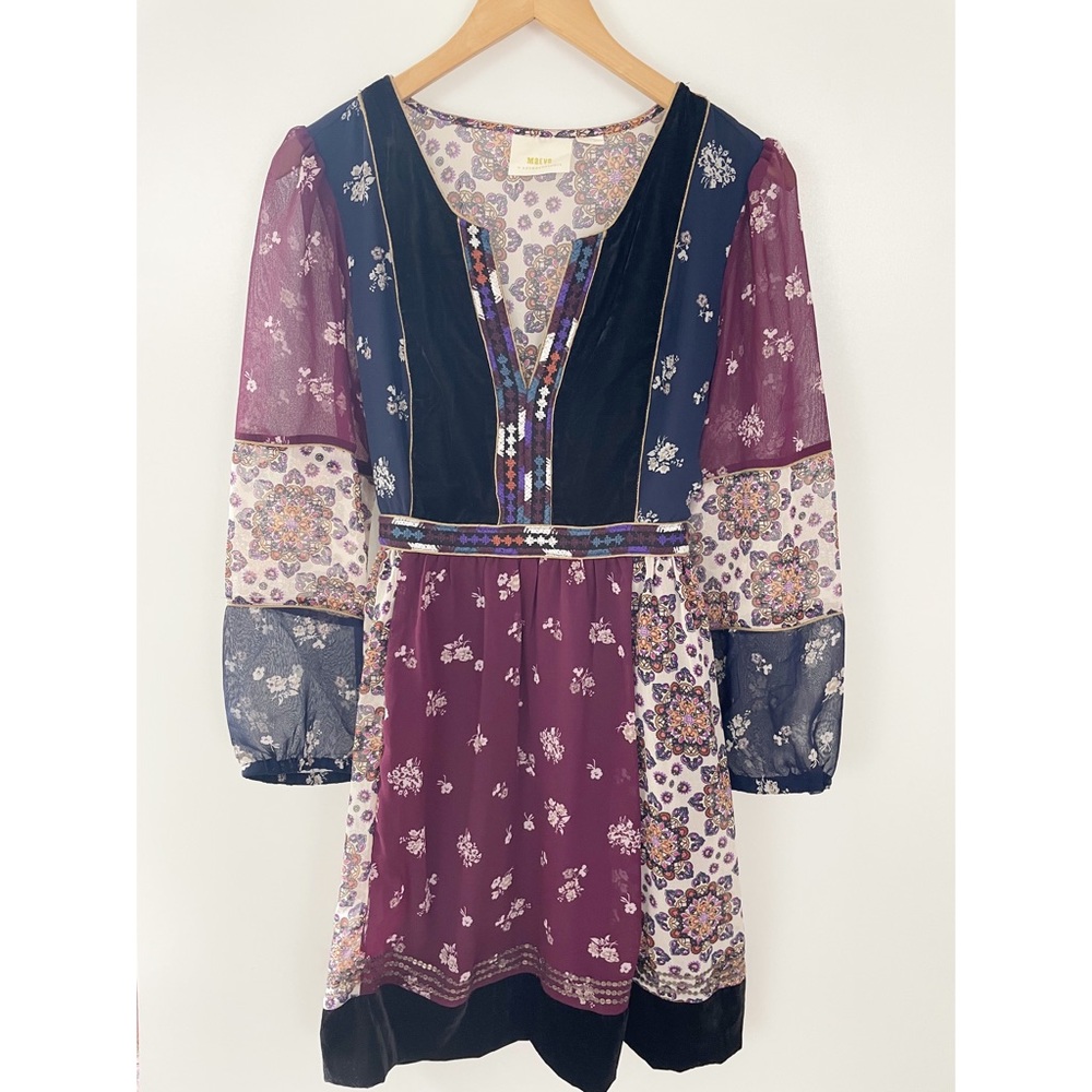 Maeve by Anthropologie Patchwork Print Dress | Sz. L | Boho W/Ethnic Embroidery